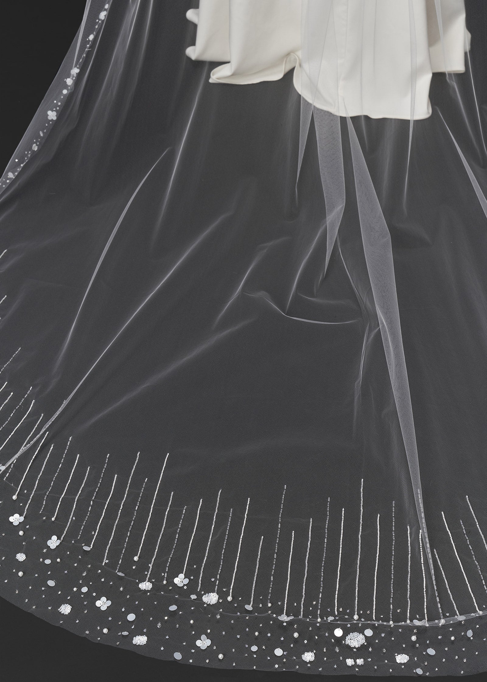 Sequin Floral Cathedral Wedding Veil with Vertical Beading - Details