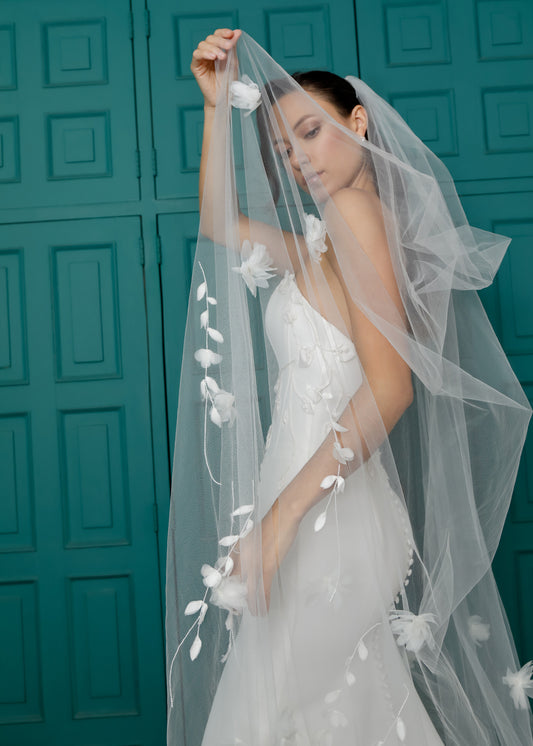 Cathedral Wedding Veil with 3D Flowers and Beaded | Lotus Threads Bridal