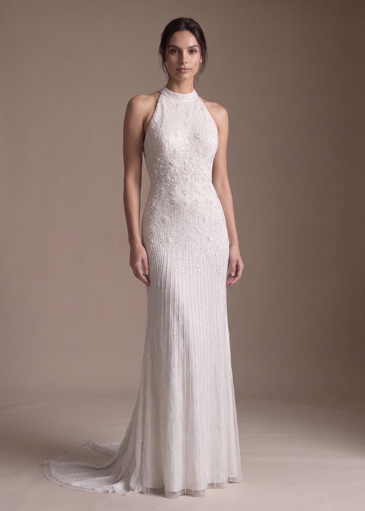 Hand-Embellished Sheath Gown with Halter Neckline