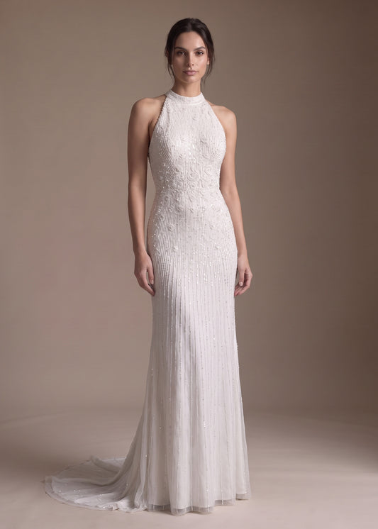 Hand-Embellished Sheath Gown with Halter Neckline