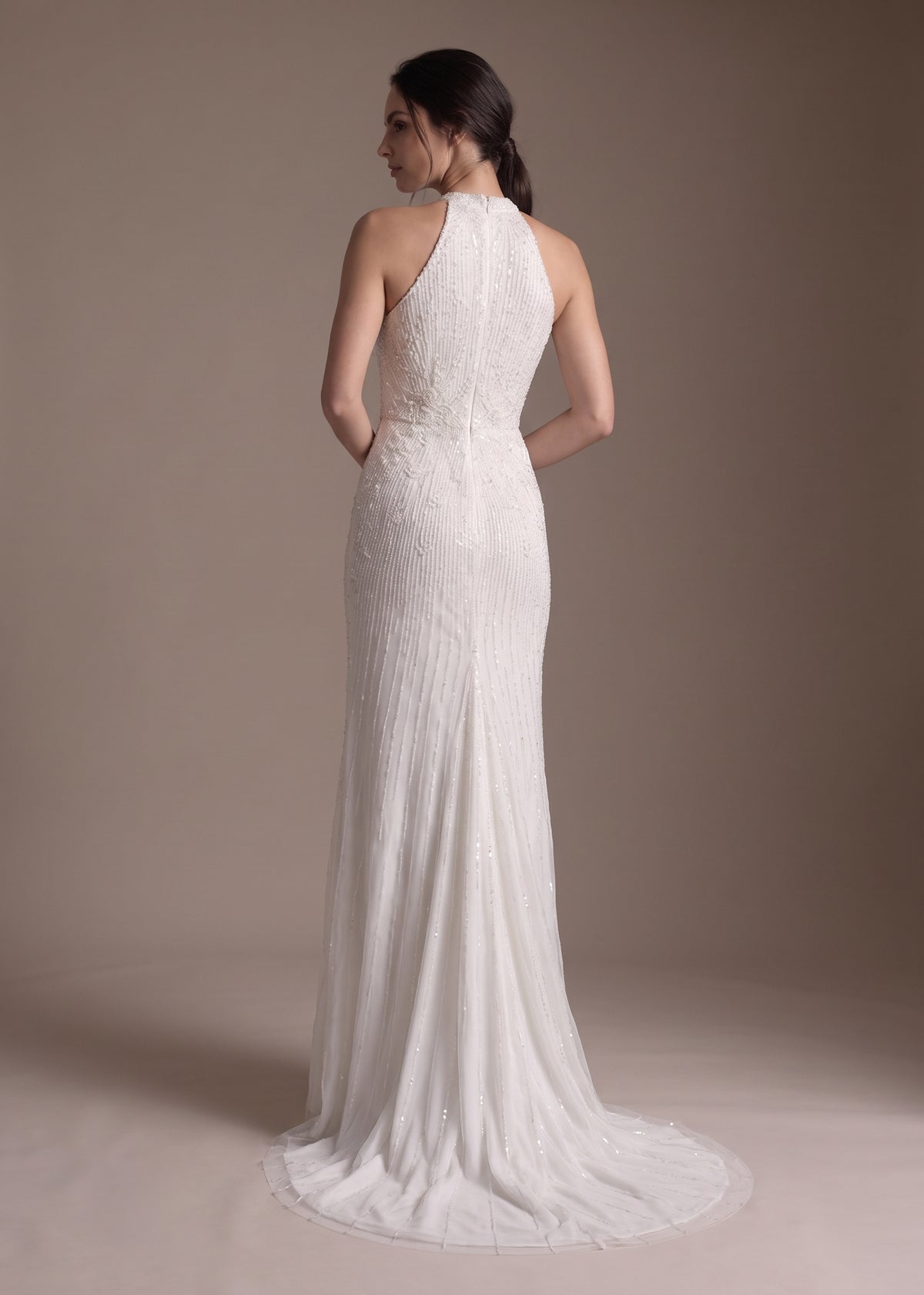 Hand-Embellished Sheath Gown with Halter Neckline