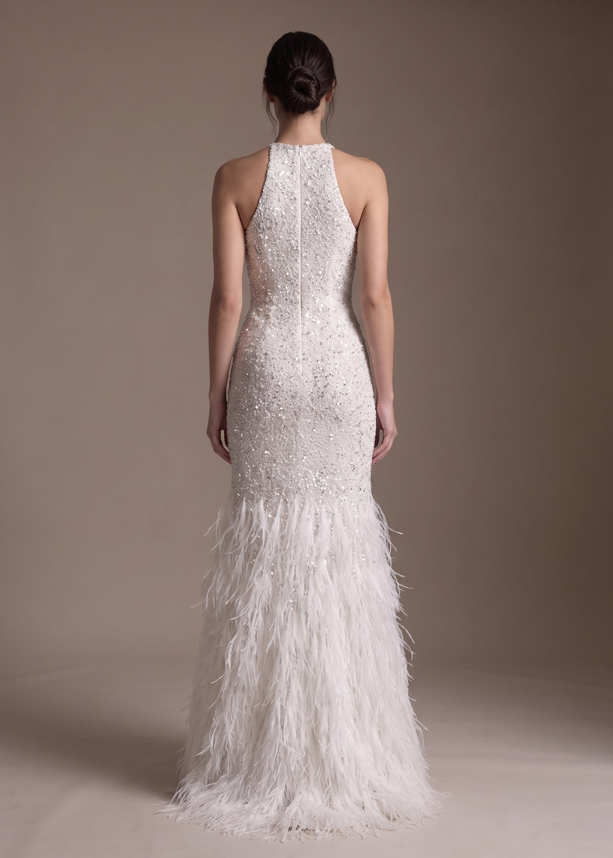 Sequined Mermaid Gown Finished with Crystal & Feathers