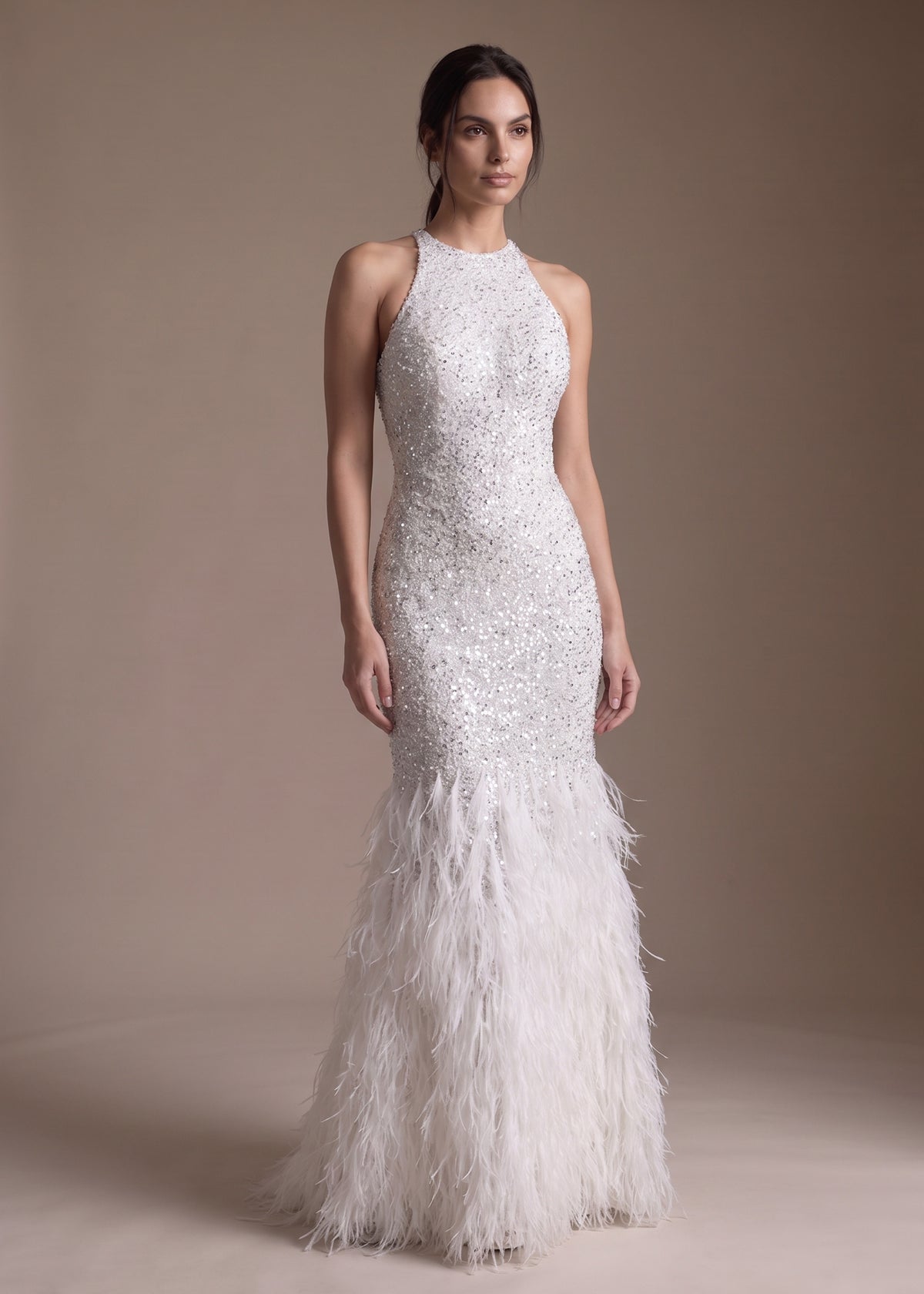 Sequined Mermaid Gown Finished with Crystal & Feathers