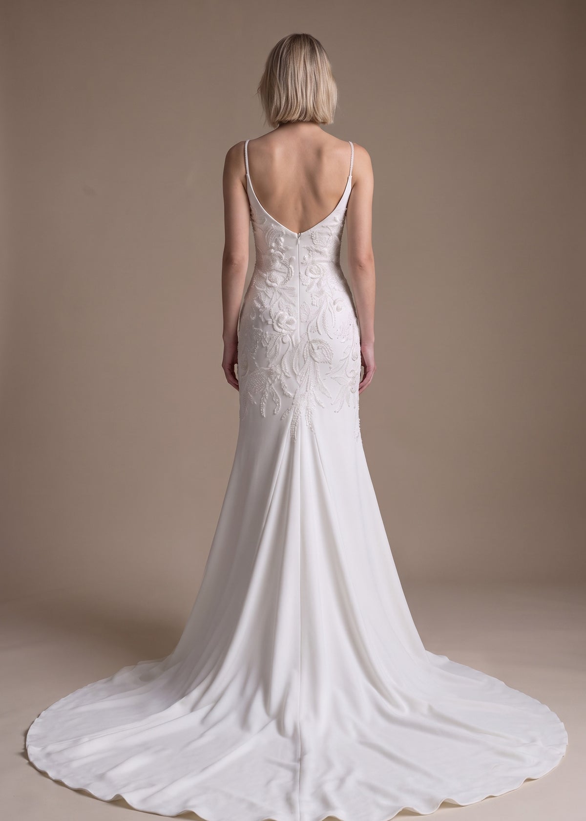 Deep V-Neck Crepe Mermaid Gown with Floral Appliqué