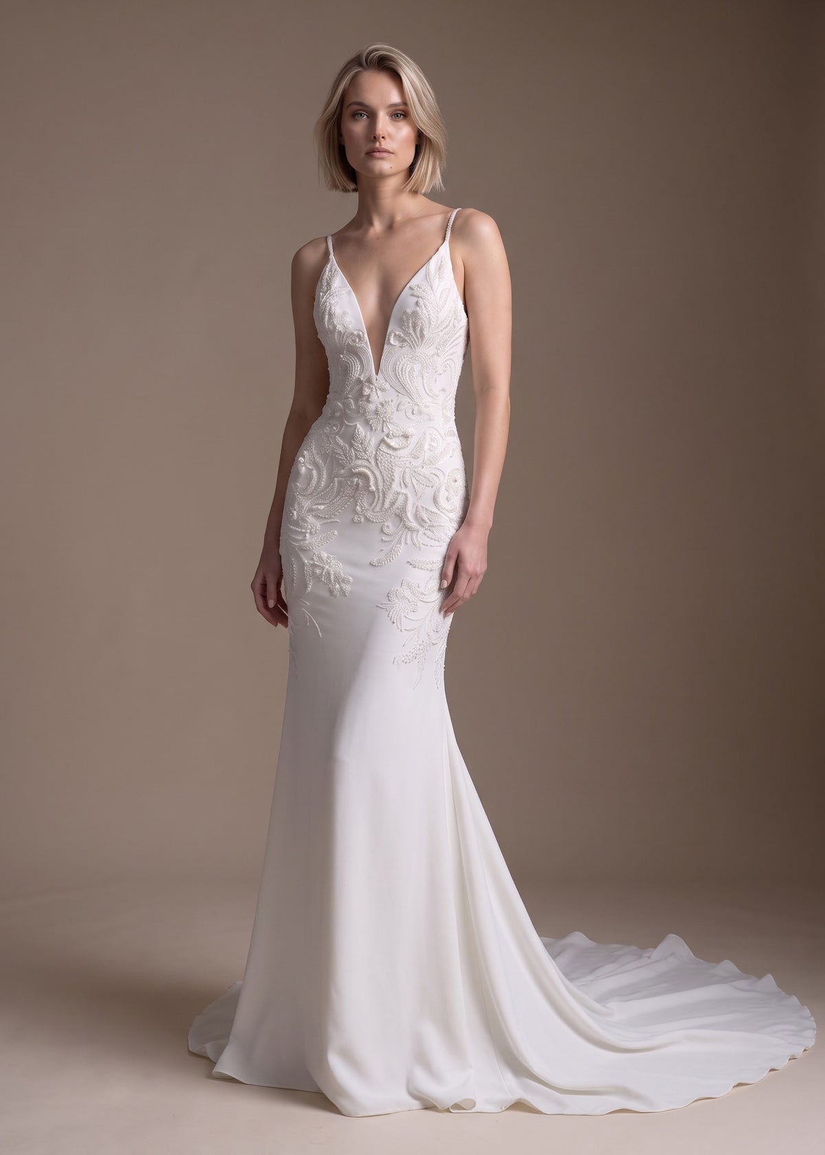 Deep V-Neck Crepe Mermaid Gown with Floral Appliqué