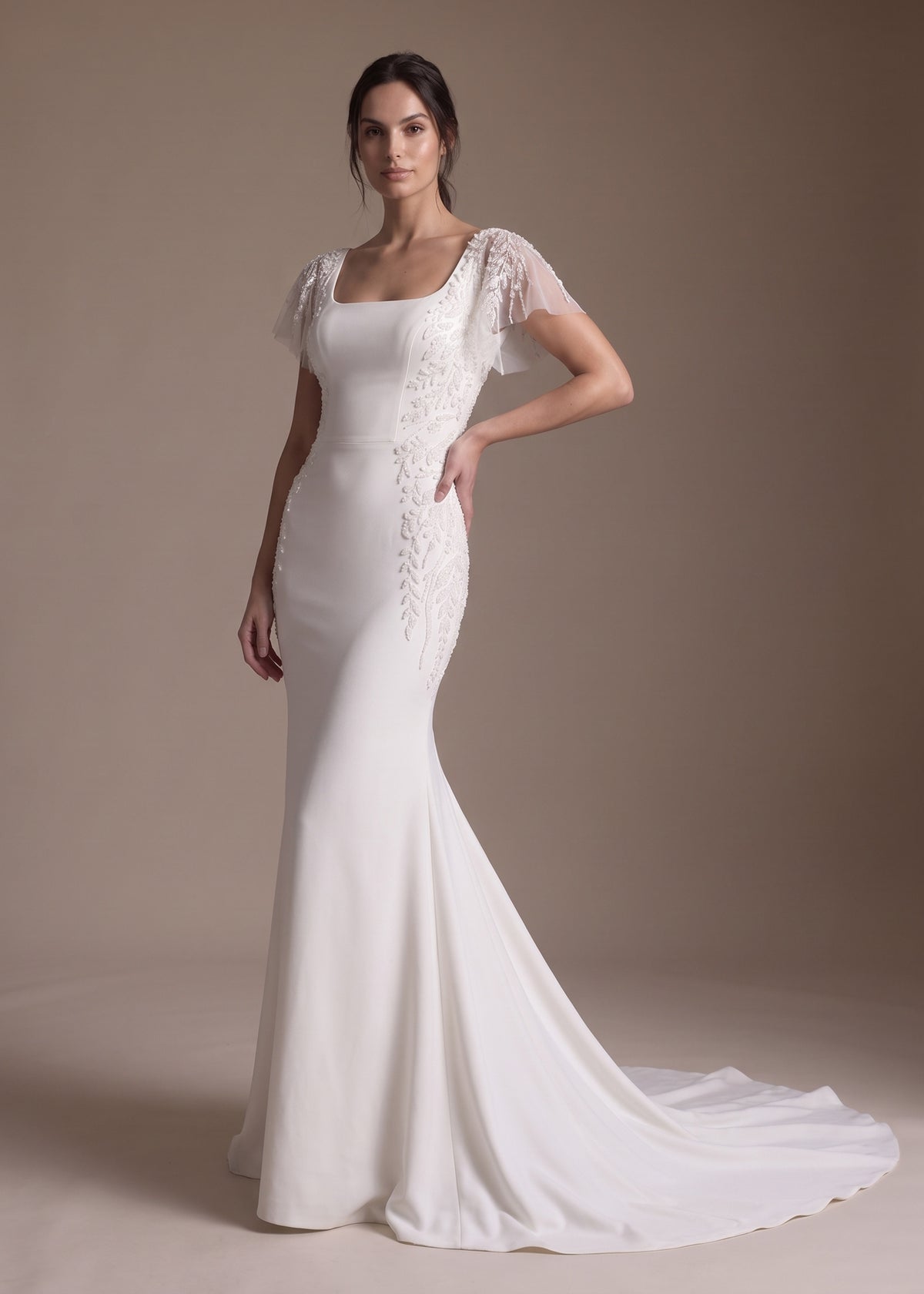 Square Neck Mermaid Wedding Dress in European Crepe