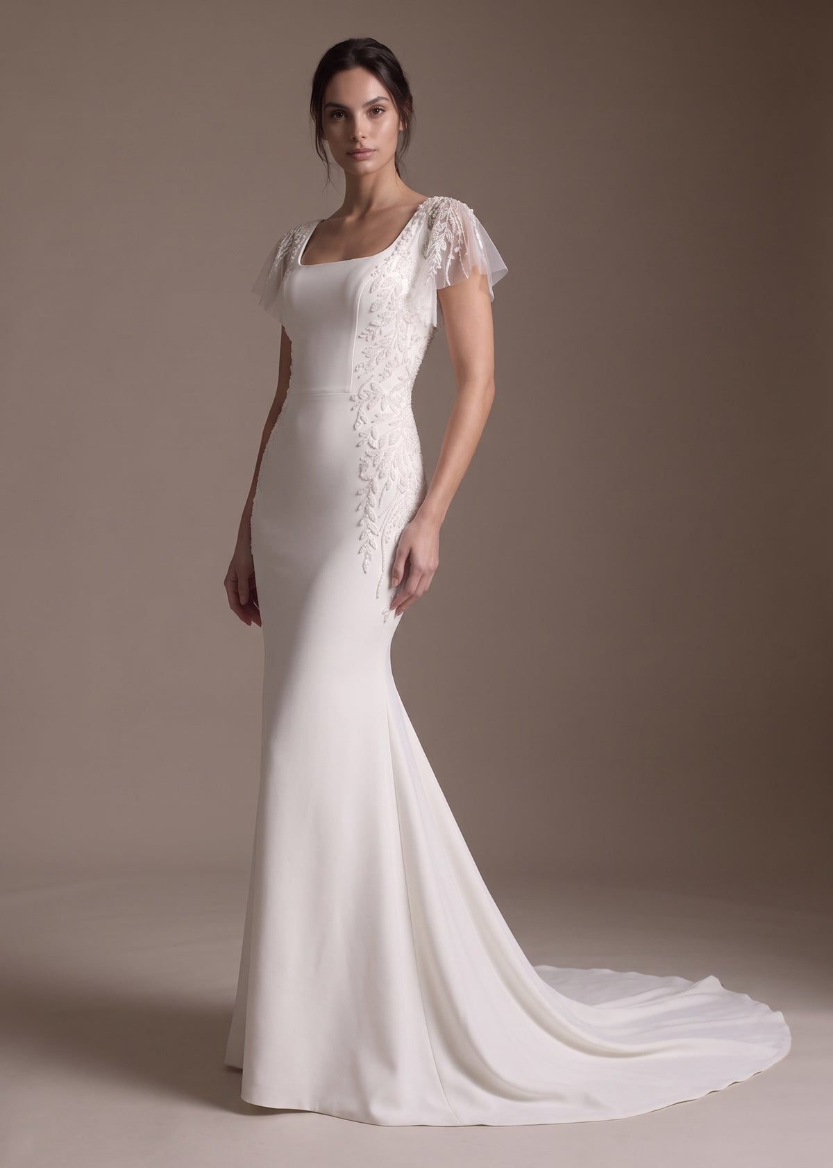 Square Neck Mermaid Wedding Dress in European Crepe