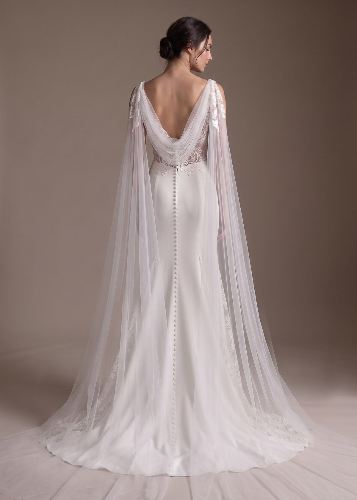 Fit & Flare Gown with Deep V-Plunge and Tulle Cape Sleeves