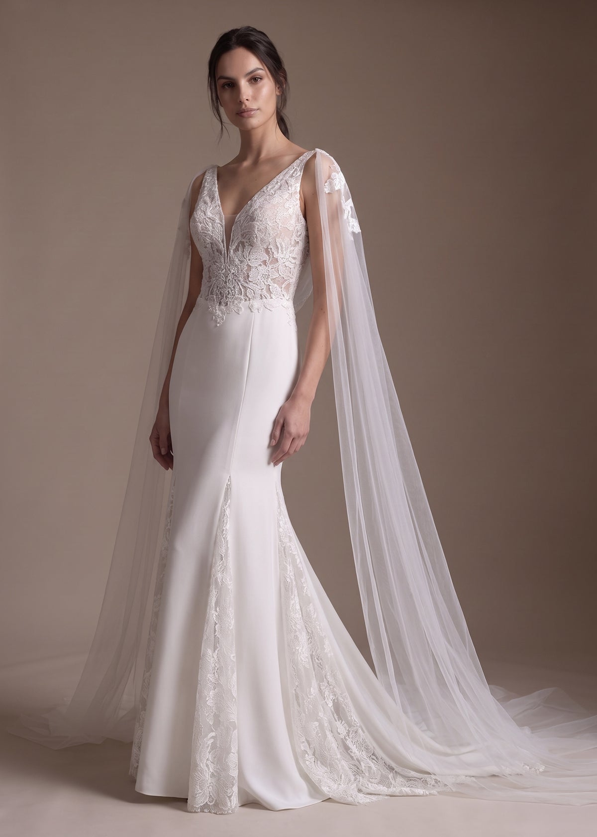 Fit & Flare Gown with Deep V-Plunge and Tulle Cape Sleeves