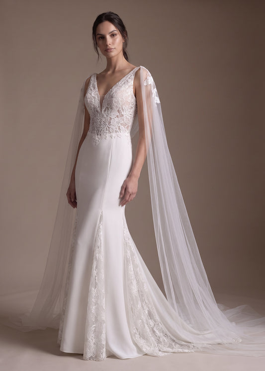 Fit & Flare Gown with Deep V-Plunge and Tulle Cape Sleeves