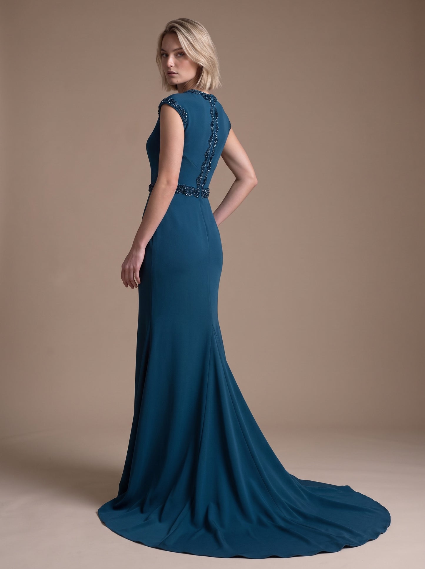 Crepe Mermaid Gown with Jewel Neckline