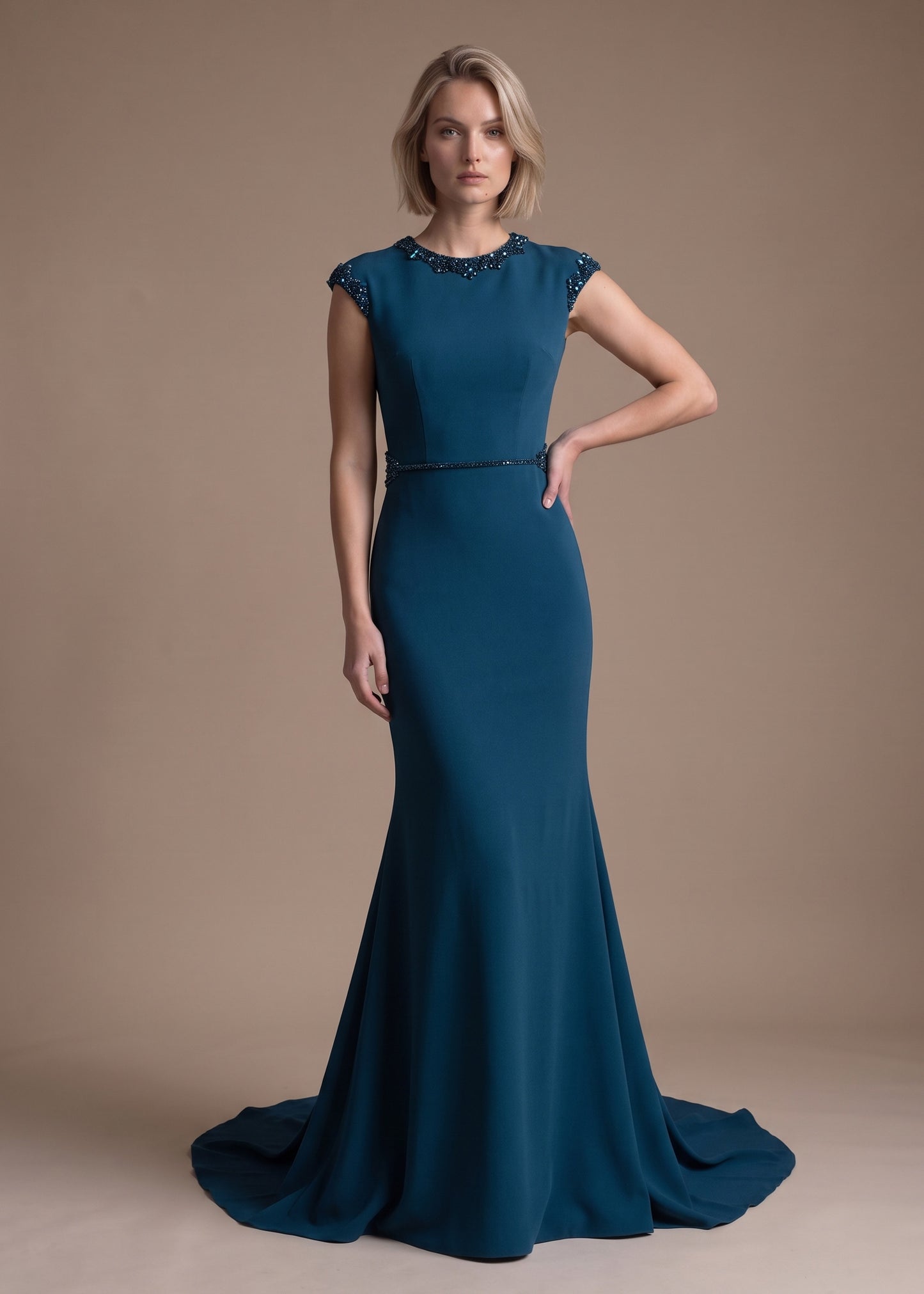 Crepe Mermaid Gown with Jewel Neckline