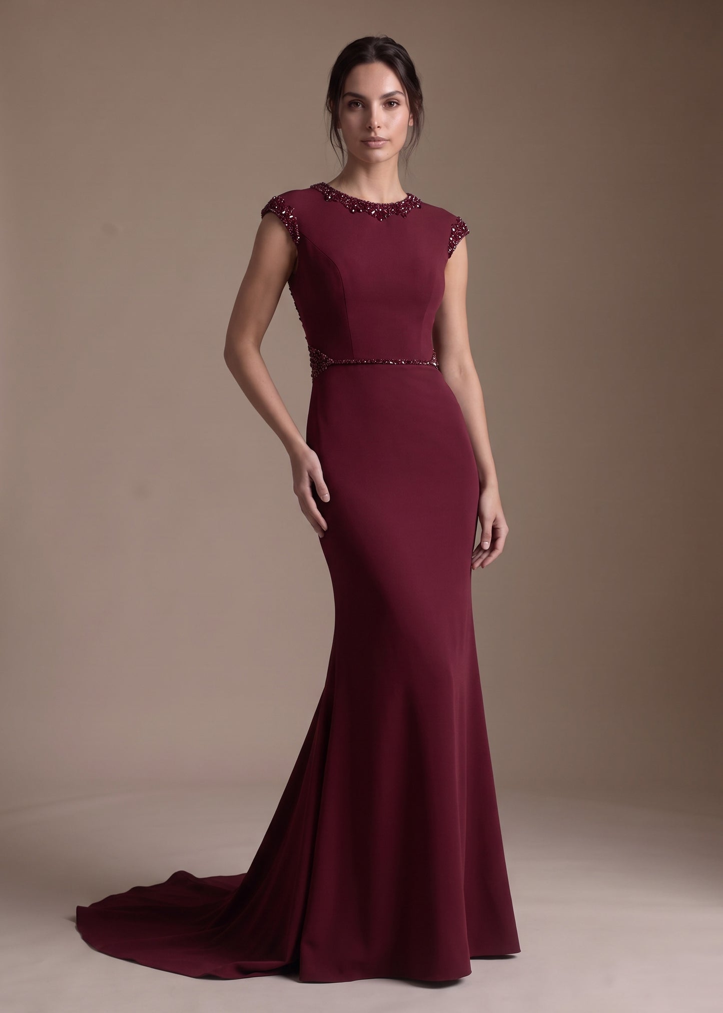 Crepe Mermaid Gown with Jewel Neckline
