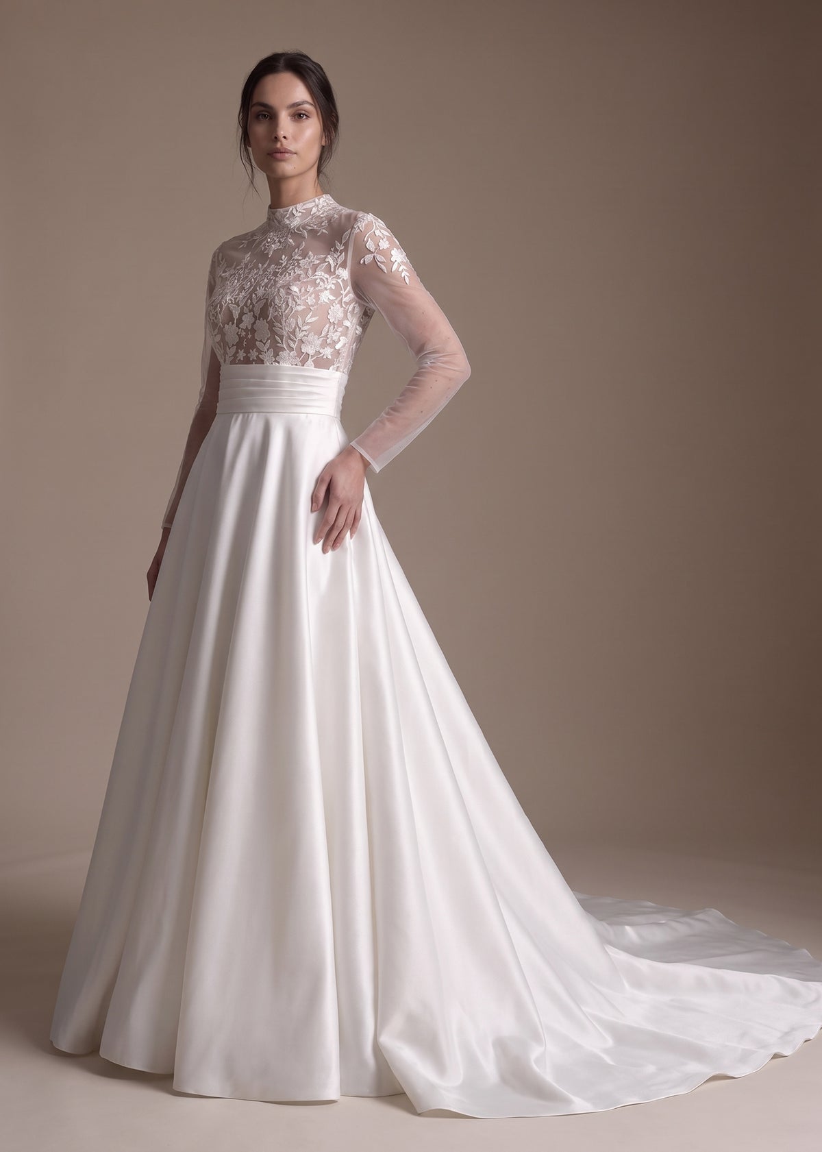 Long Sleeves Mock Neck Gown with A-line Skirt in Mercato
