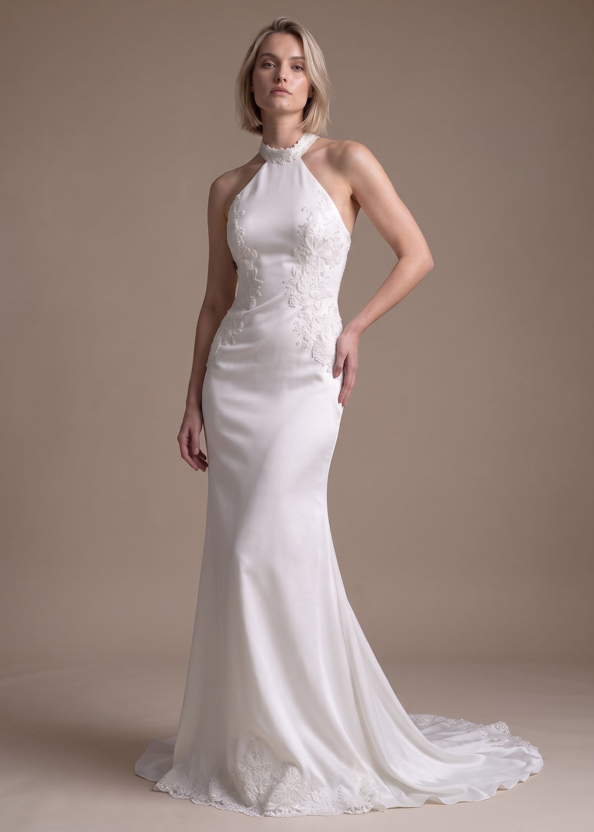 Luxe Satin Mermaid Halter Wedding Dress with Beaded and Lace Appliqued | Lotus Threads Bridal