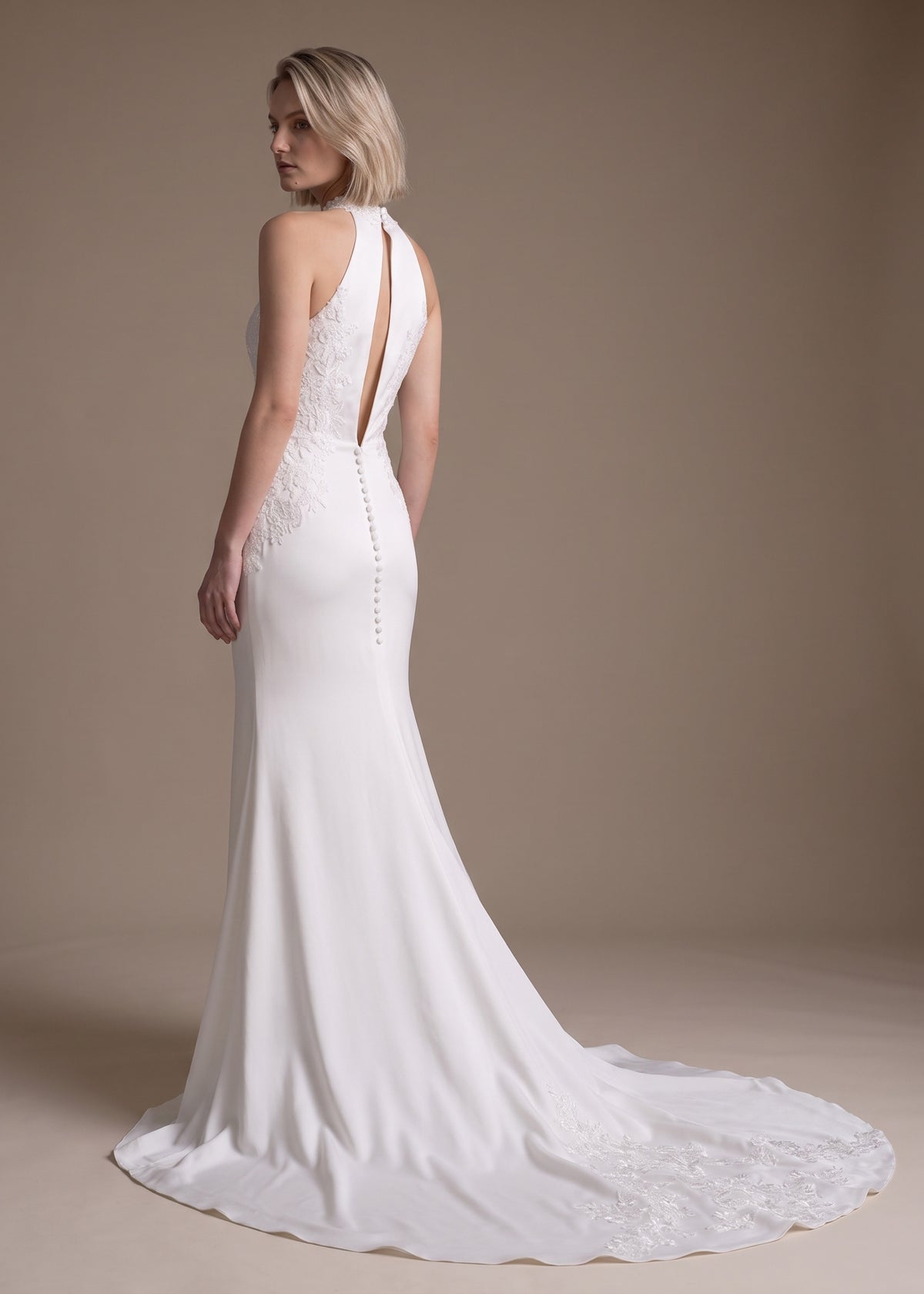 Satin Mermaid Halter Gown with Beaded & Lace Appliqued