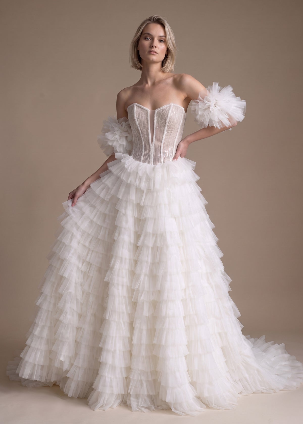Beaded Corset Ball Gown with Tiered Ruffle Skirt