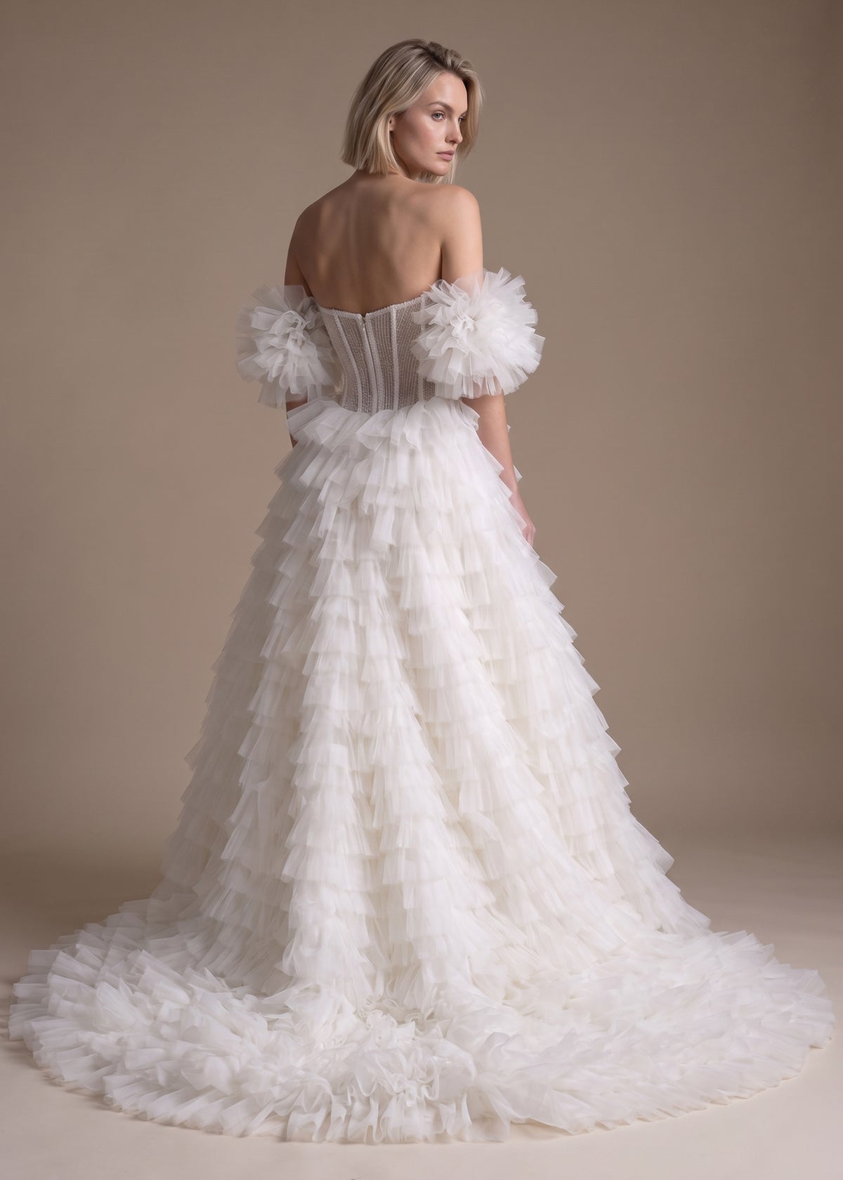 Beaded Corset Ball Gown with Tiered Ruffle Skirt