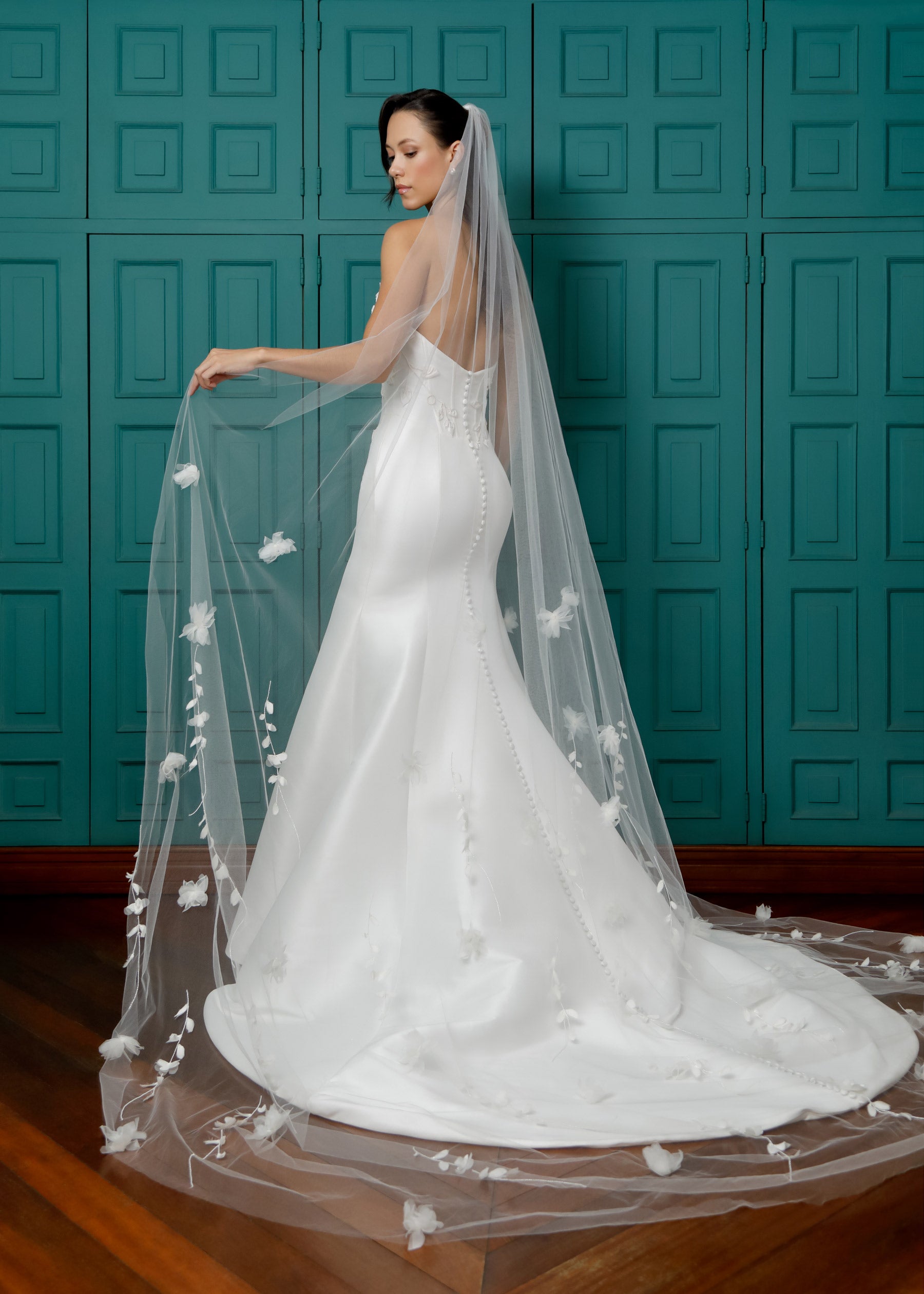 strapless mikado mermaid wedding dress F221012 Dramatic Mikado Mermaid Strapless Wedding Dress with Embroidered Lace Applique on Bodice