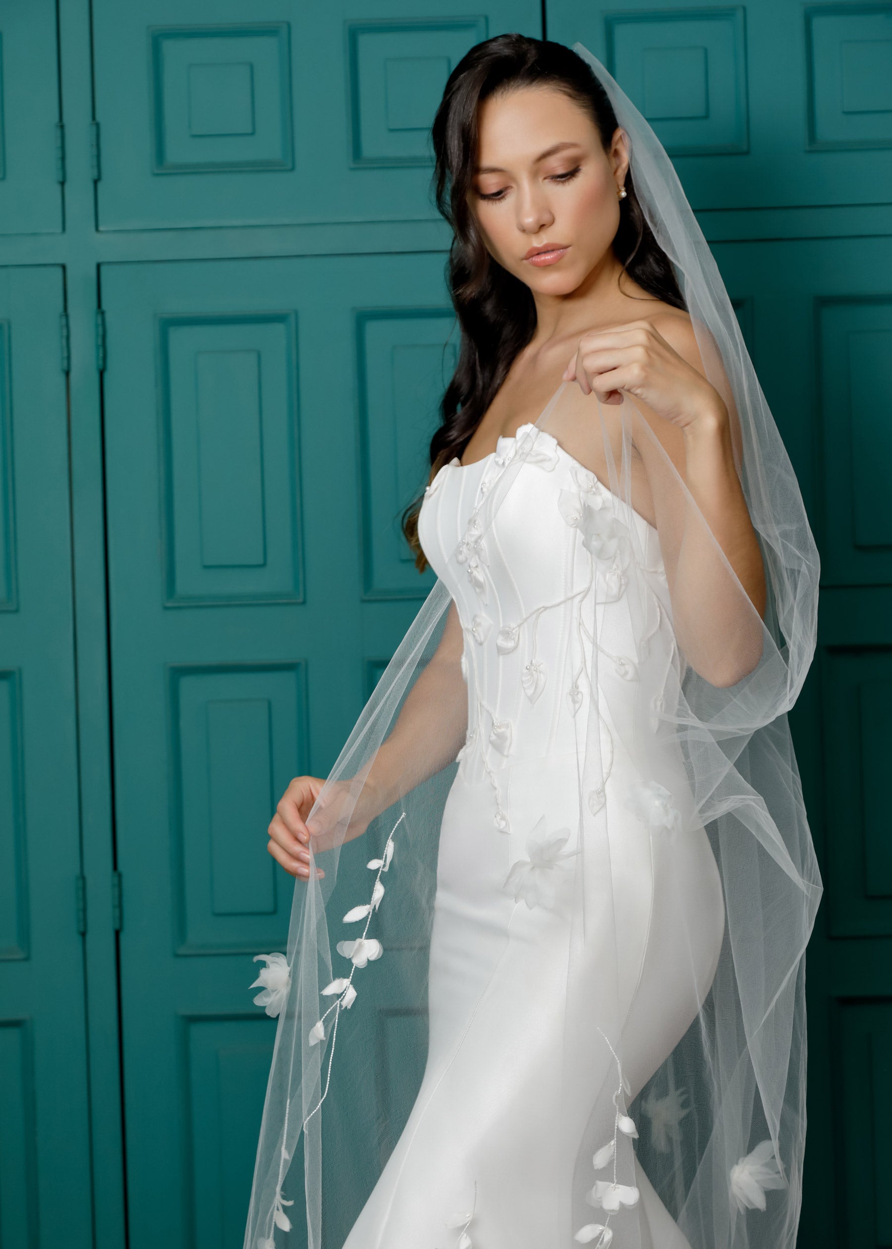 Strapless Mikado Mermaid Gown with Pearls & Florals Lotus Threads Bridal Strapless Mikado Mermaid Gown with Pearls & Florals Lotus Threads Bridal