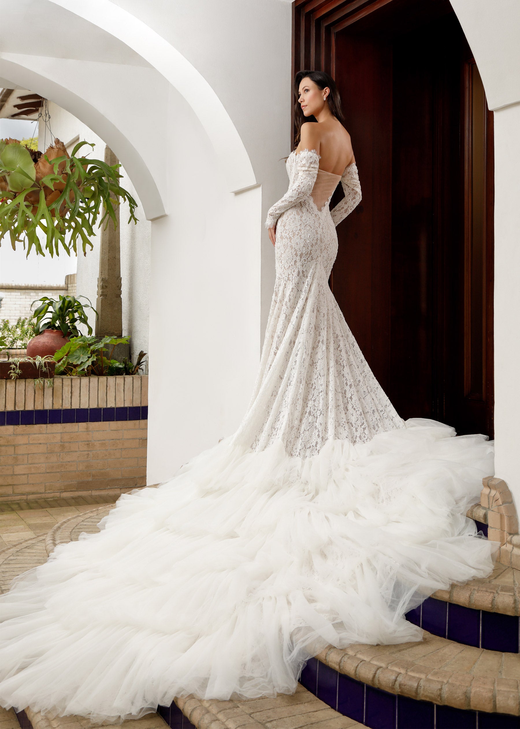 Basque Waist Lace Wedding Gown with Layered Tulle Train | Lotus Threads Bridal