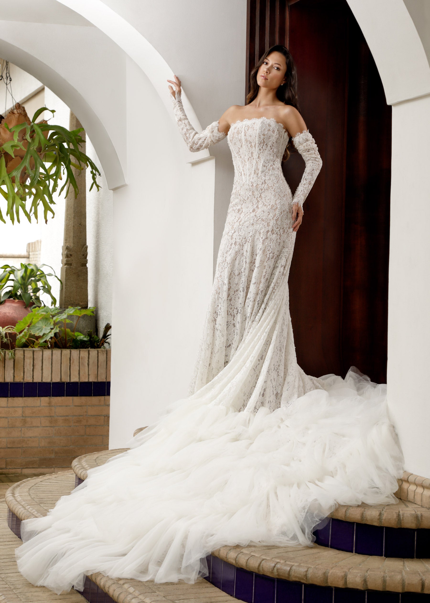 Basque Waist Lace Wedding Gown with Layered Tulle Train | Lotus Threads Bridal