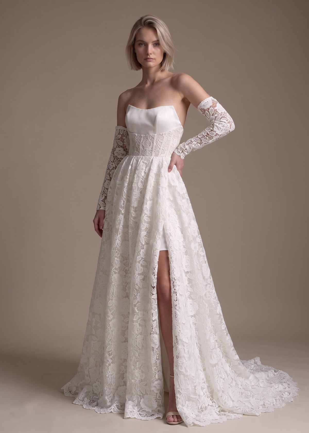 Convertible Satin Ball Gown with Corseted Lace Overlay