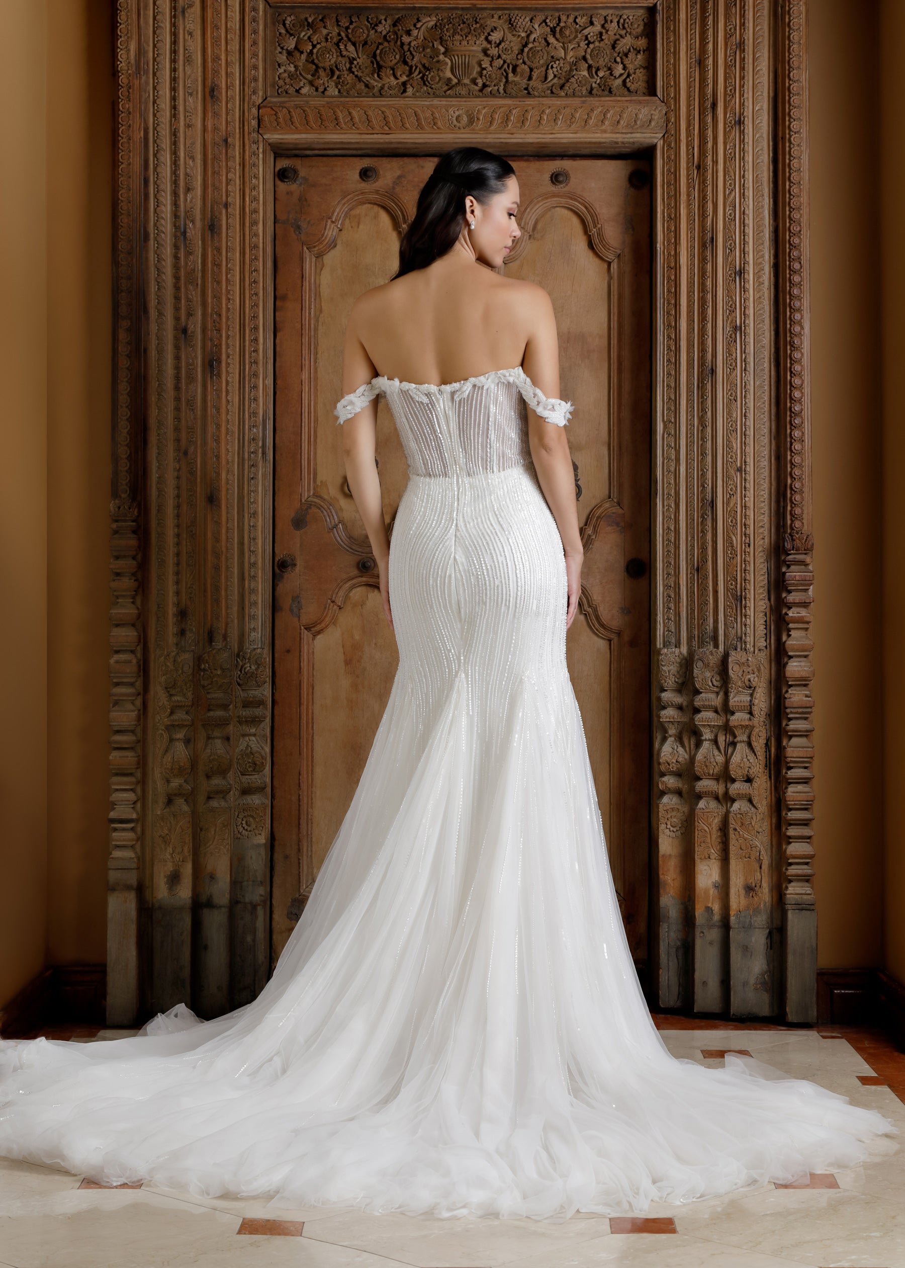 Off-Shoulder Beaded Fit-and-Flare Wedding Gown – Lotus Threads Bridal