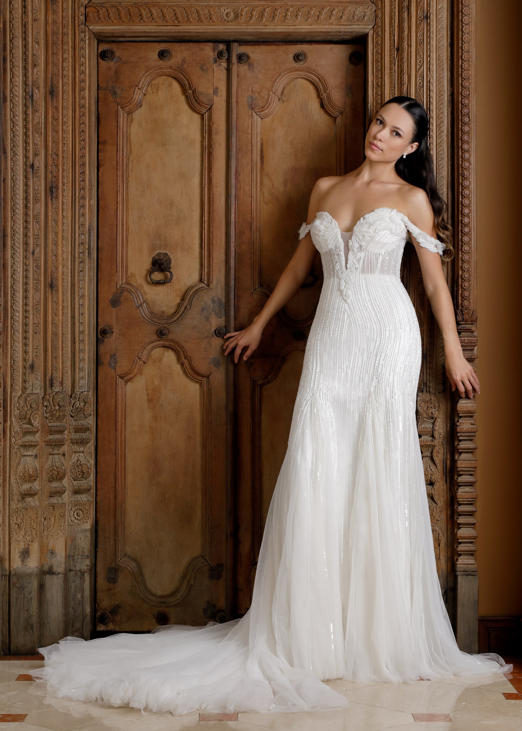Off-Shoulder Beaded Fit-and-Flare Wedding Gown Lotus Threads Bridal Off-Shoulder Beaded Fit-and-Flare Wedding Gown Lotus Threads Bridal