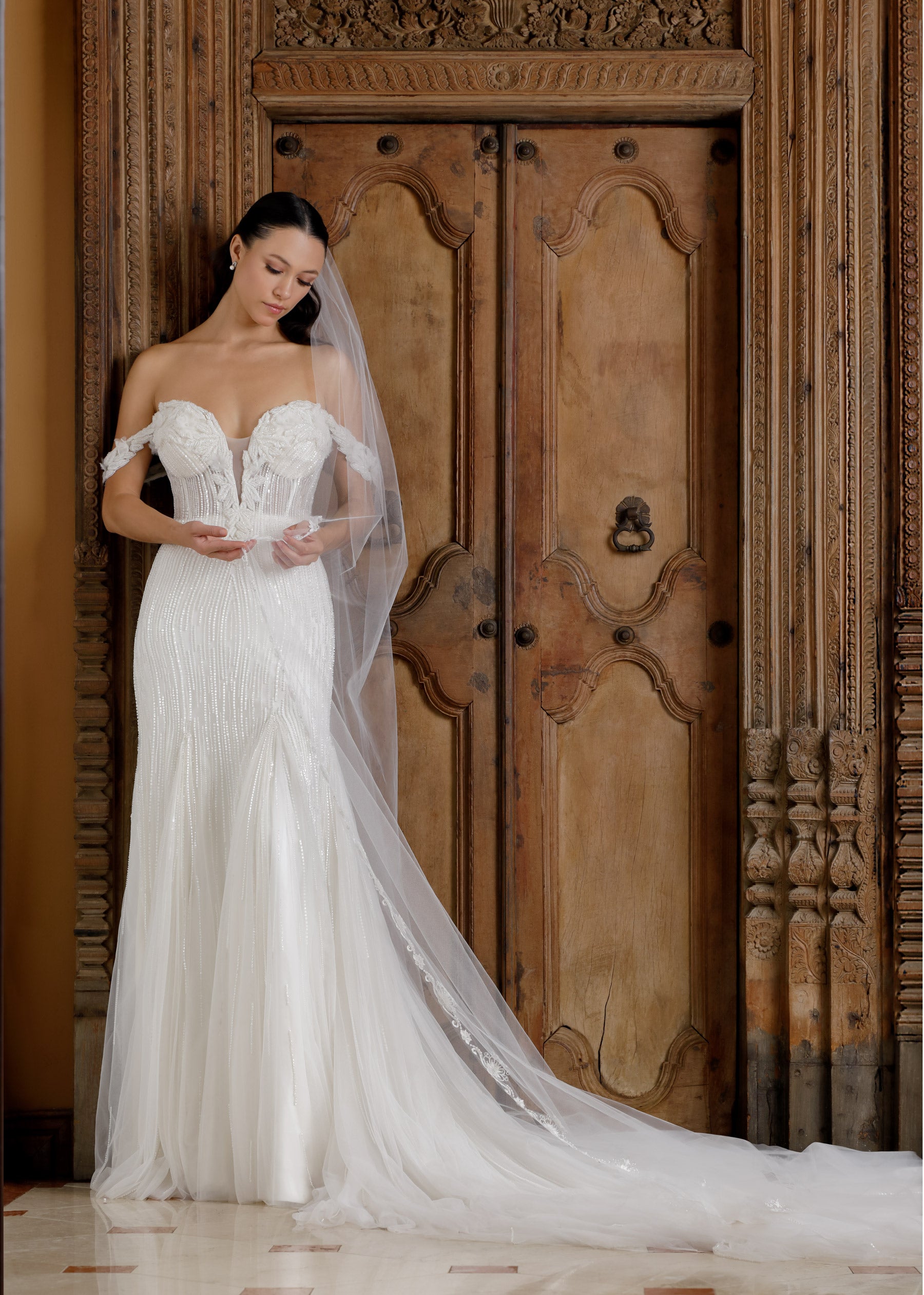 Off-the-Shoulder Beaded Fit & Flare Gown with Floral Crystals – Lotus Threads Bridal