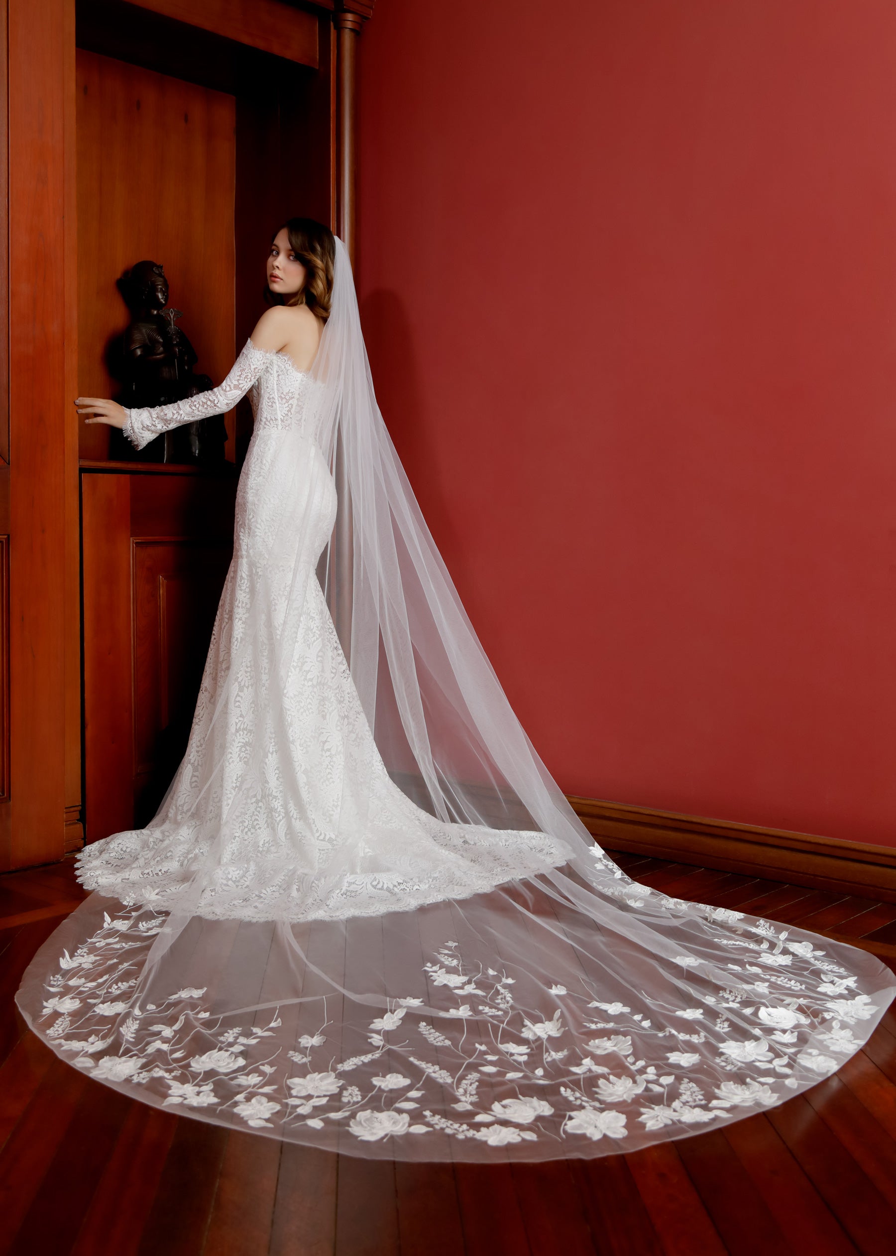 Lace Fit & Flare Wedding Dress with Off-Shoulder Sleeves Lotus Threads Bridal Lace Fit & Flare Wedding Dress with Off-Shoulder Sleeves Lotus Threads Bridal