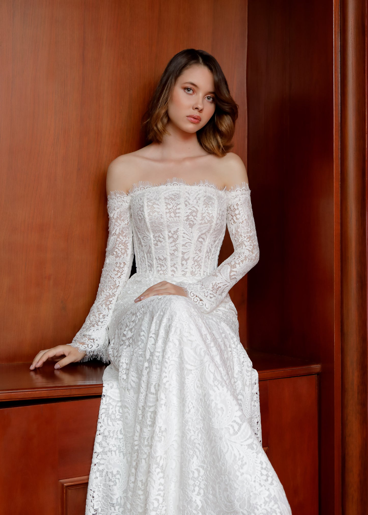 Lace Fit & Flare Wedding Dress with Off-Shoulder Sleeves Lotus Threads Bridal Lace Fit & Flare Wedding Dress with Off-Shoulder Sleeves Lotus Threads Bridal
