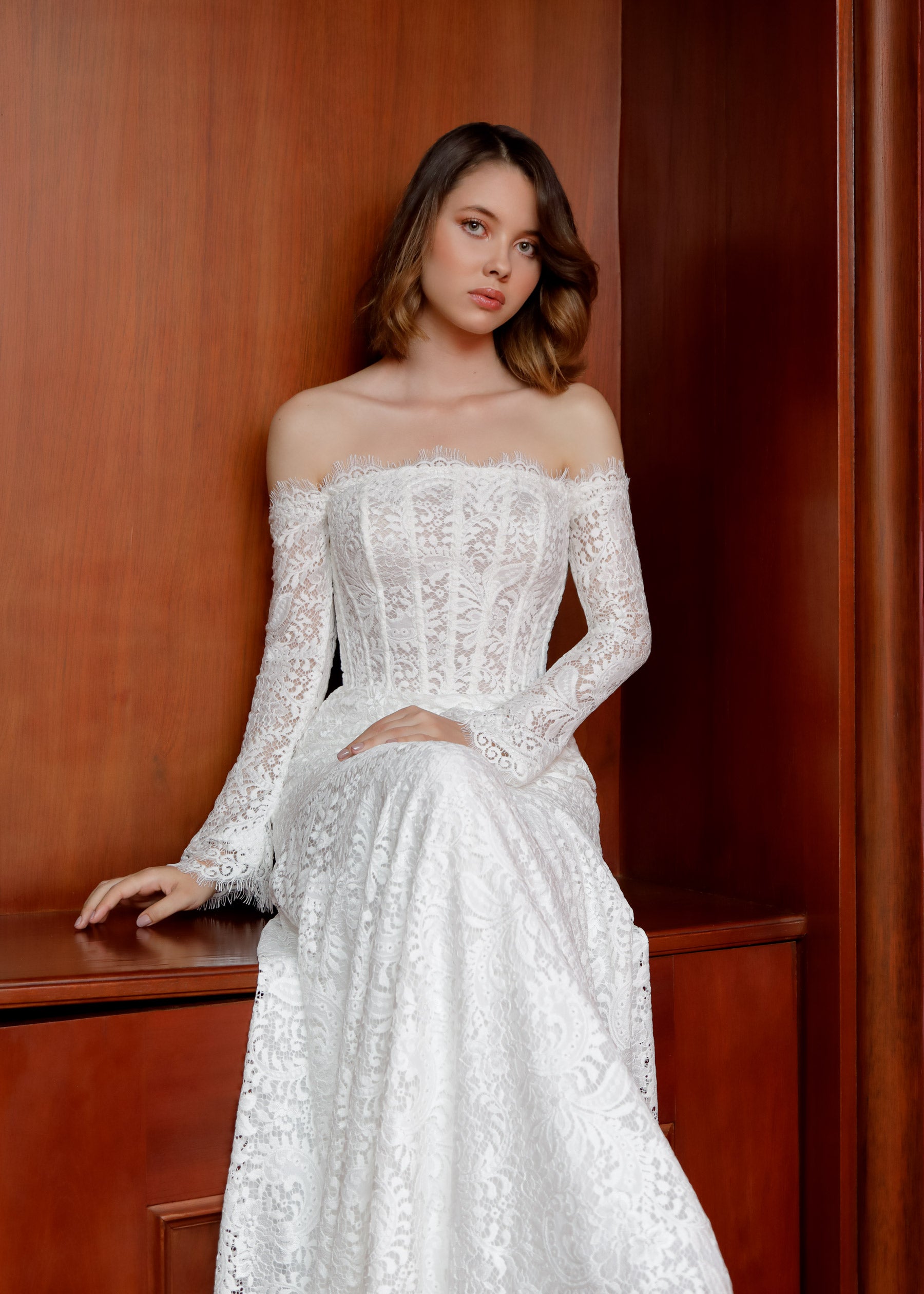 Lace Fit & Flare Wedding Dress with Off-Shoulder Sleeves Lotus Threads Bridal Lace Fit & Flare Wedding Dress with Off-Shoulder Sleeves Lotus Threads Bridal