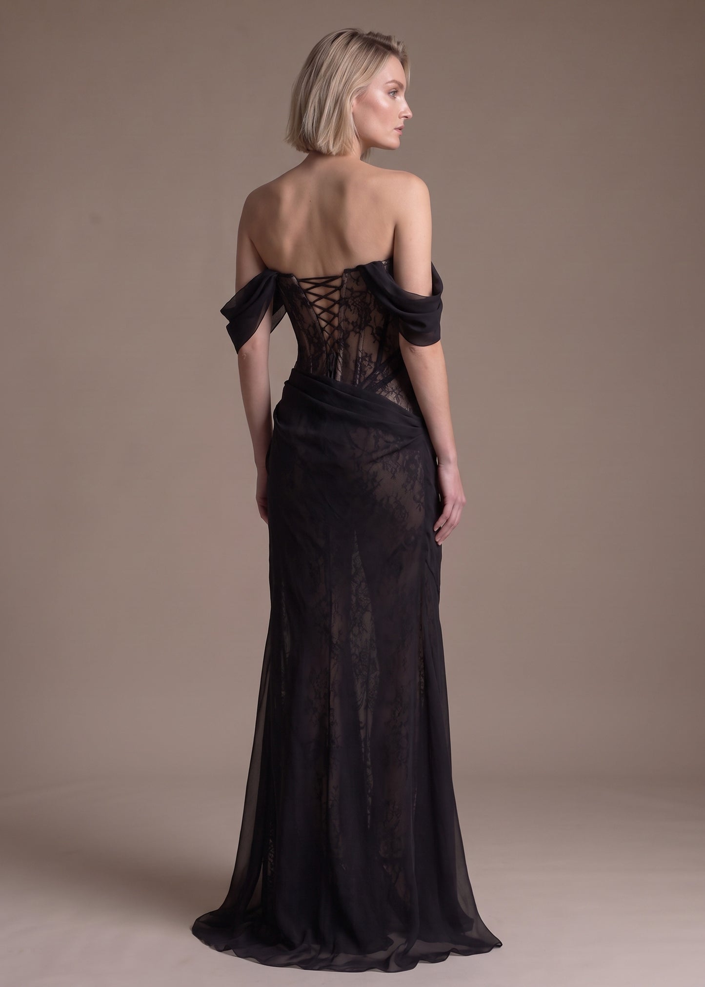 Black Lace Corset Sheath Gown with Draped Chiffon Skirt