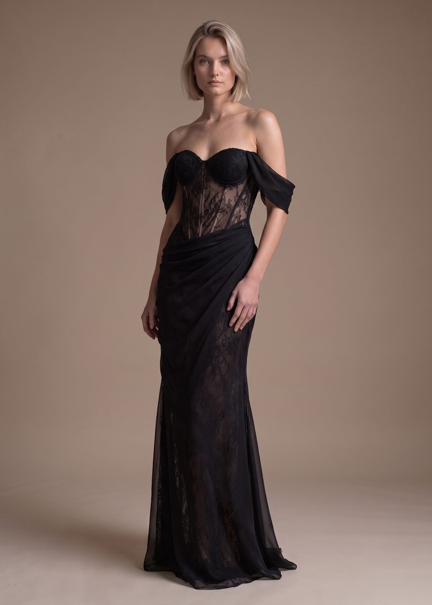 Black Lace Corset Sheath Gown with Draped Chiffon Skirt