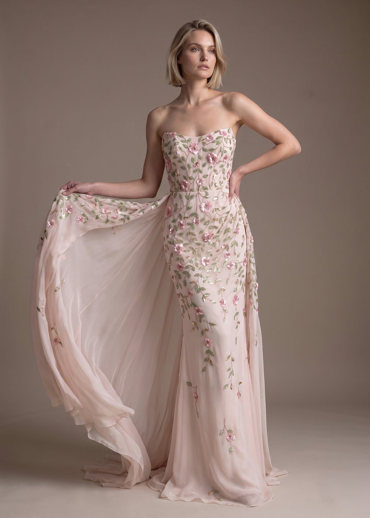 Silk Gown with Corset Bodice & Removable Sheer Skirt