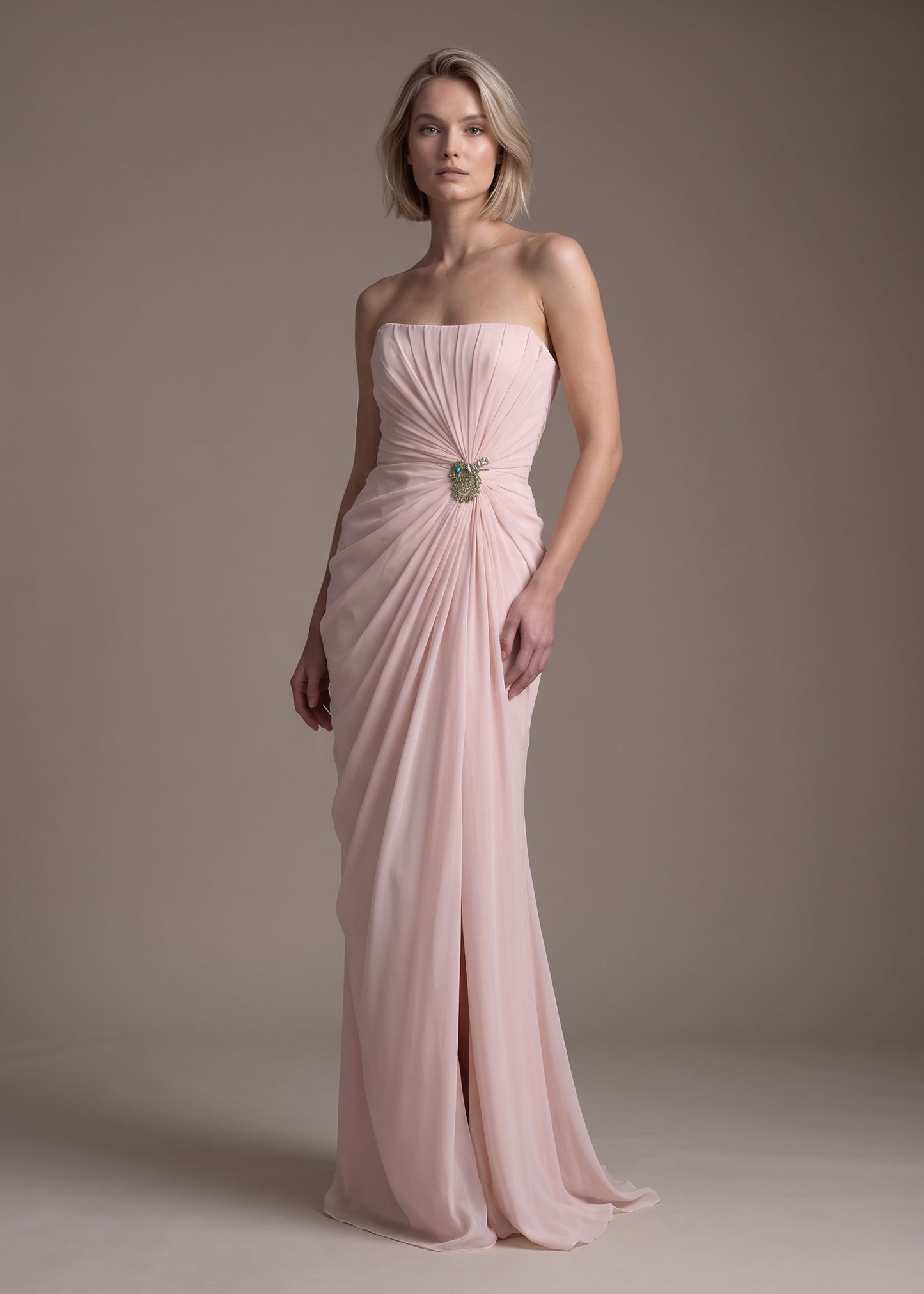 Pleated Strapless Gown with Draped Waist Detail