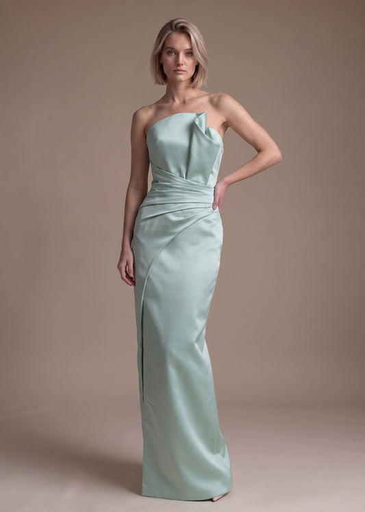 Asymmetrical Satin Sheath Gown with Draped Waist