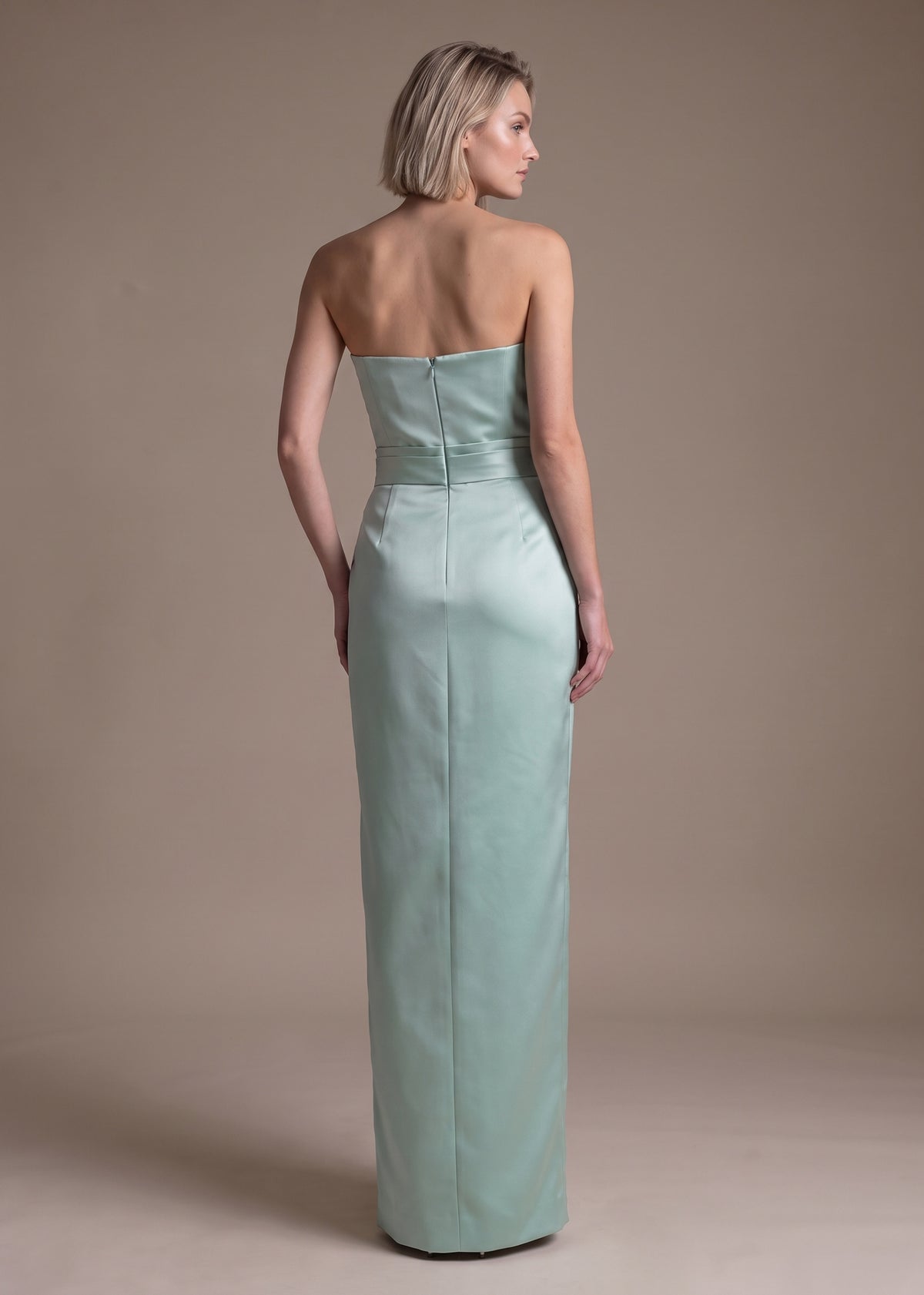 Asymmetrical Satin Sheath Gown with Draped Waist