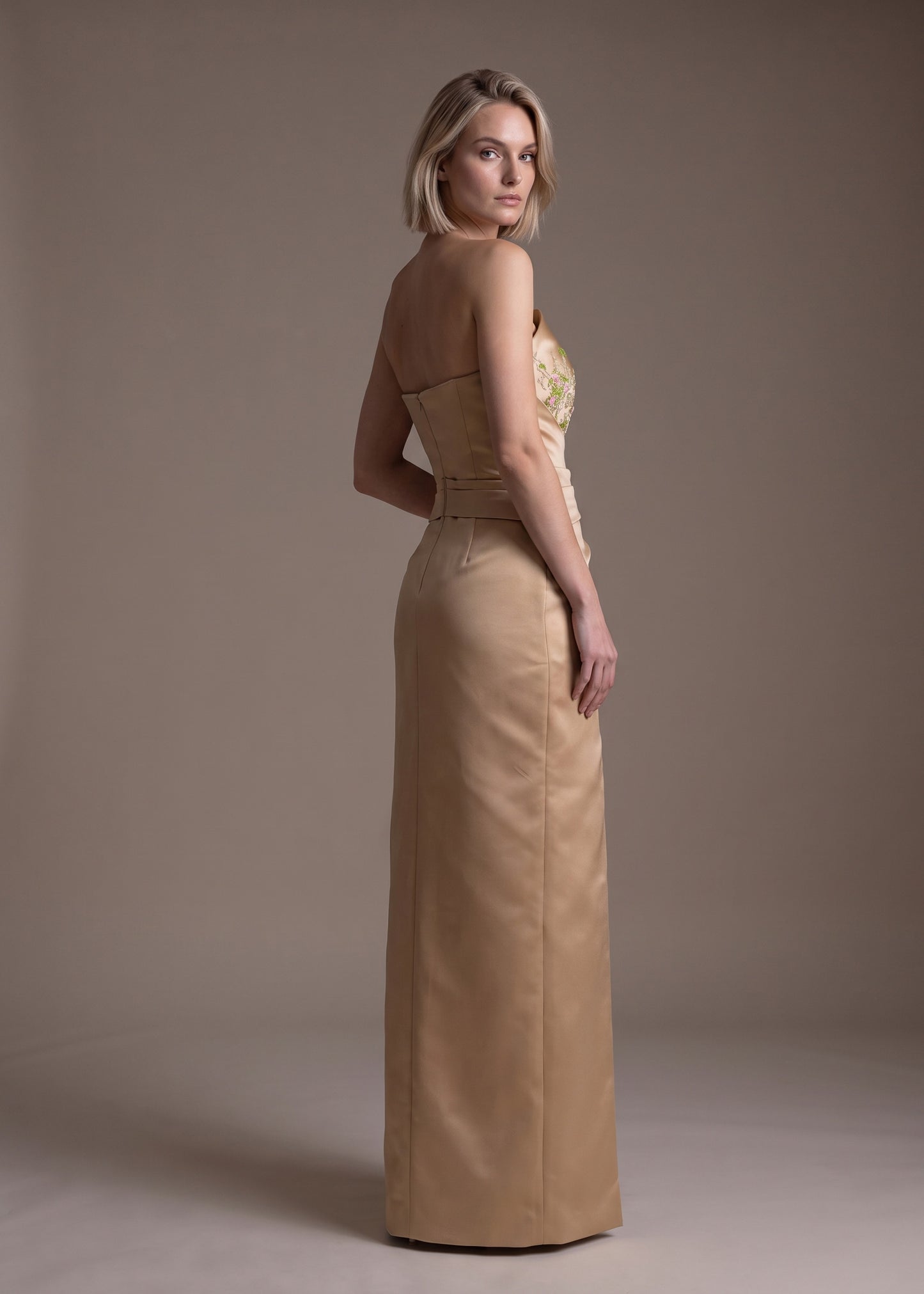 Floral Embroidered Asymmetrical Satin Gown with Draped Waist
