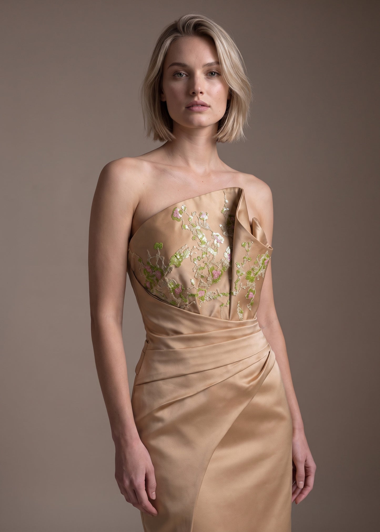 Floral Embroidered Asymmetrical Satin Gown with Draped Waist