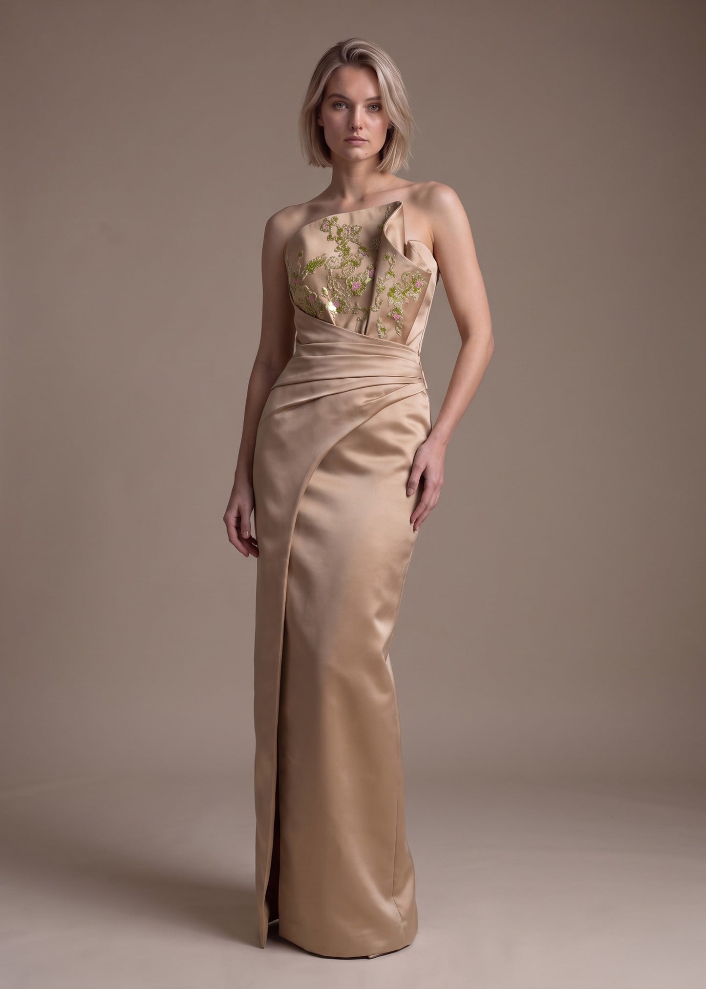 Floral Embroidered Asymmetrical Satin Gown with Draped Waist
