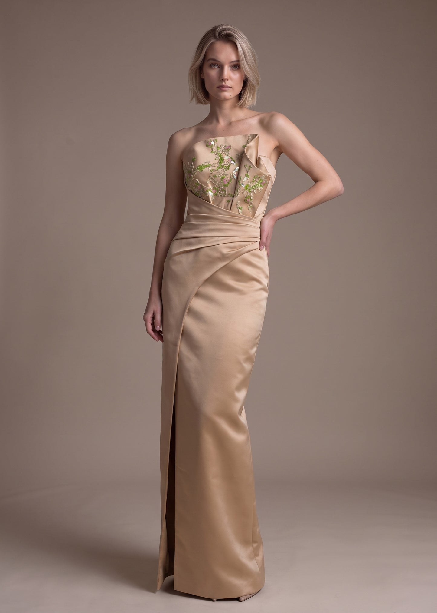 Floral Embroidered Asymmetrical Satin Gown with Draped Waist
