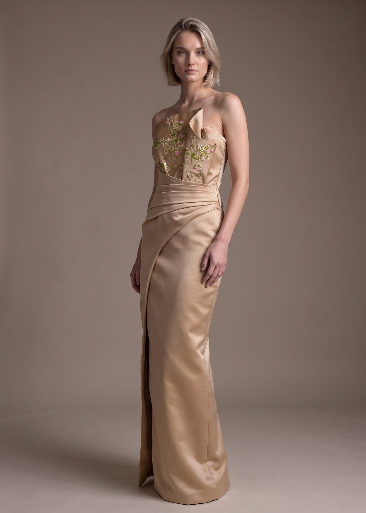 Floral Embroidered Asymmetrical Satin Gown with Draped Waist