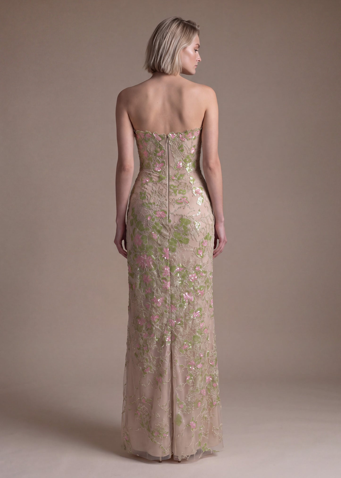 Floral Sequin Embroidered Strapless Sheath Gown
