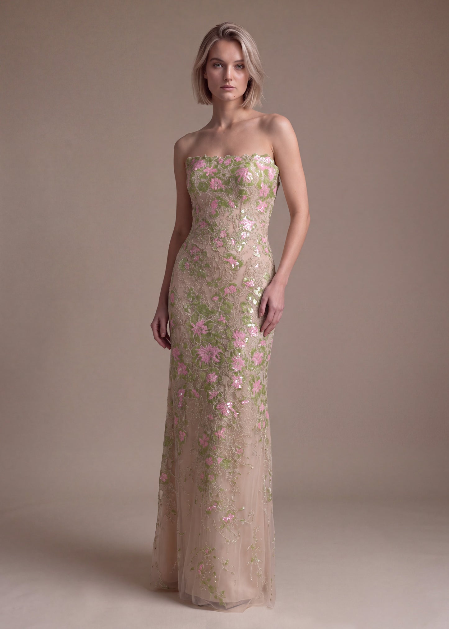 Floral Sequin Embroidered Strapless Sheath Gown