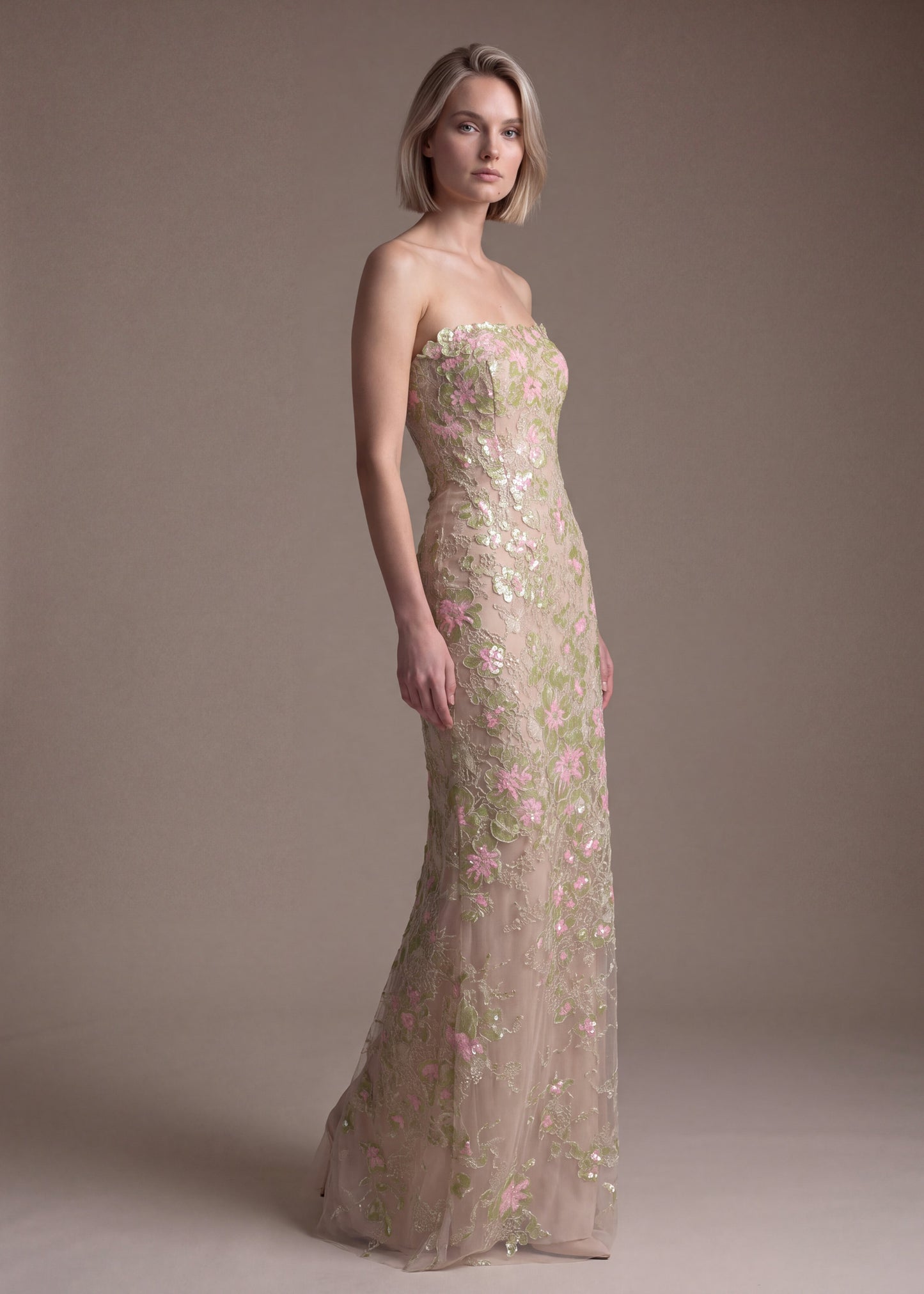 Floral Sequin Embroidered Strapless Sheath Gown