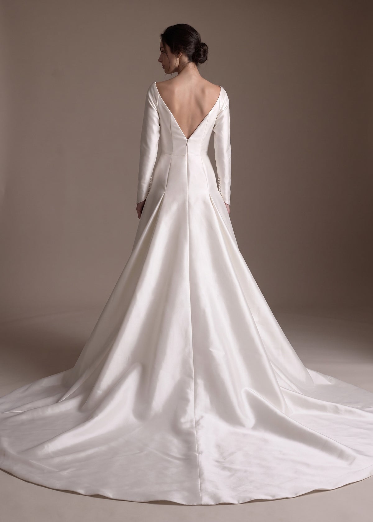Satin Boat Neck Long Sleeve A-Line Wedding Gown