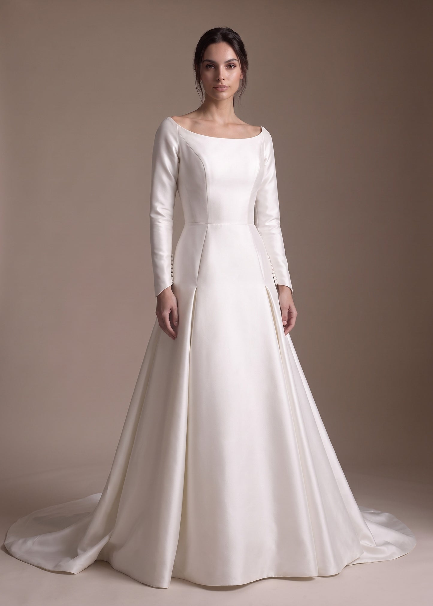 Satin Boat Neck Long Sleeve A-Line Wedding Gown