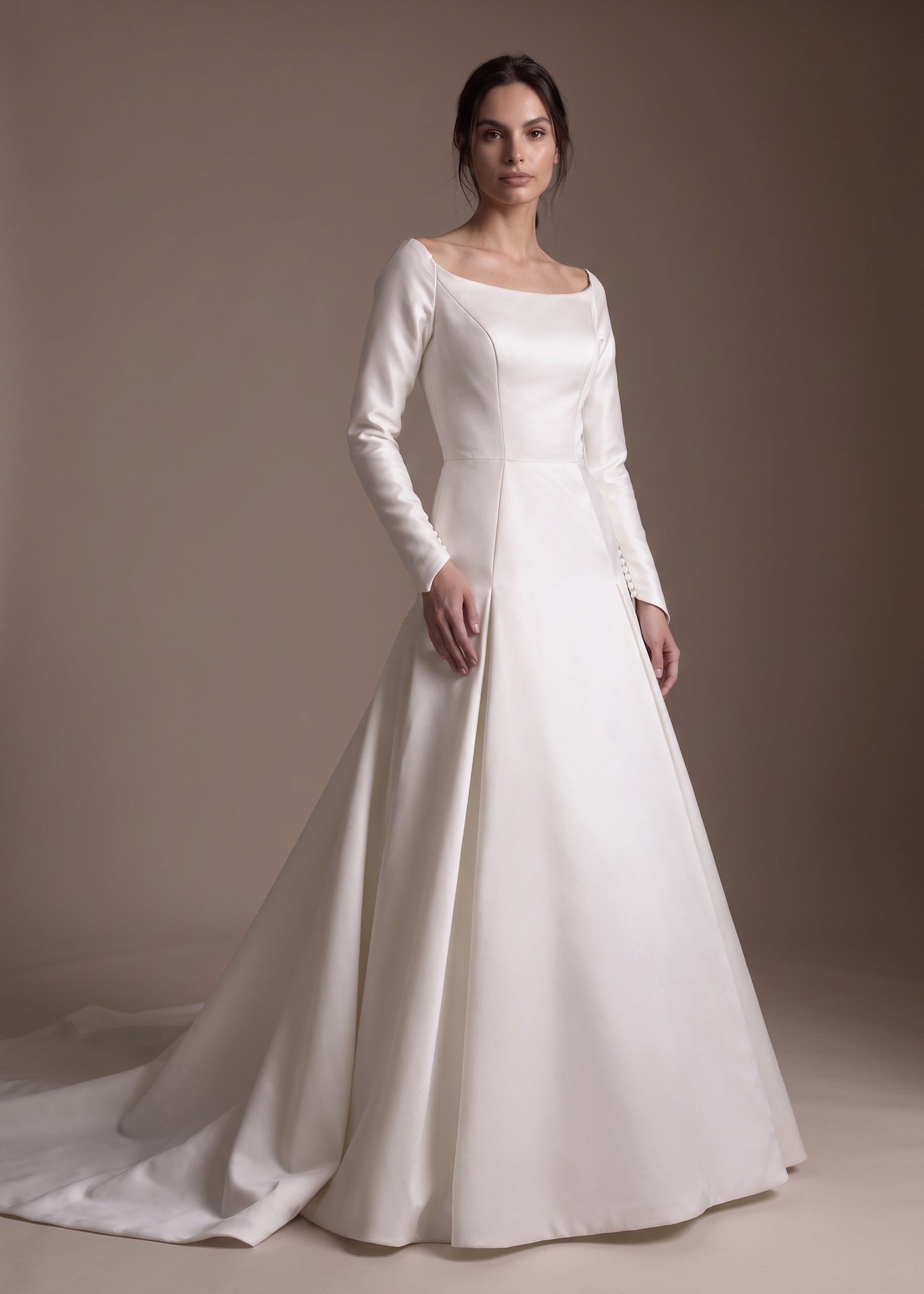 Satin Boat Neck Long Sleeve A-Line Wedding Gown